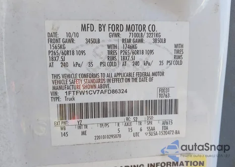 2010 Ford F-150 Fx2 Sport/Harley-Davidson/King Ranch/Lariat/Platinum/Xl/Xlt z USA, uszkodzony, nr VIN 1FTFW1CV7AFD86324